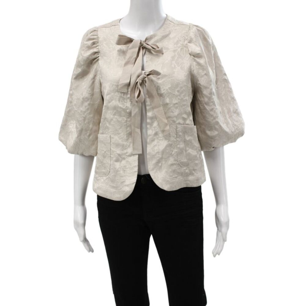 Summum Women Floral Beige Tie Round Neck Jacket 3/4 Sleeve Size 32